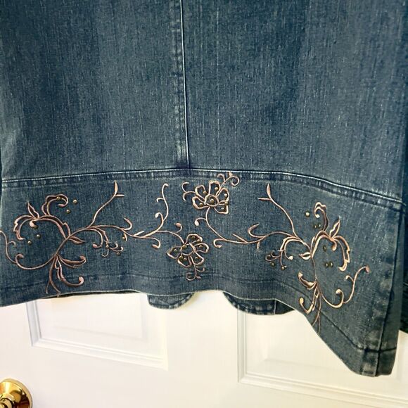 Tantrums Denim Jacket L Full Zip Pink Embroidery Studded Fitted Point Hem Blazer - Picture 4 of 9